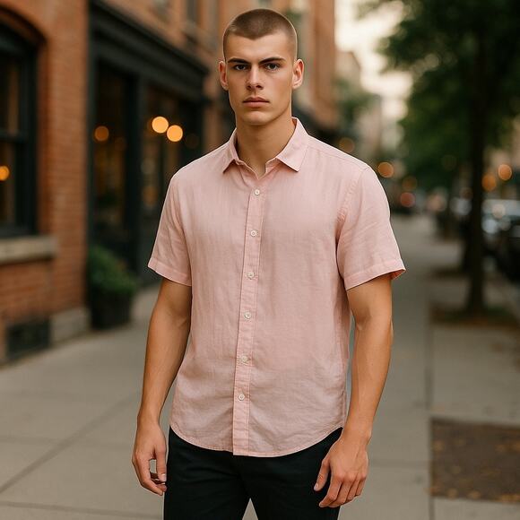 Men’s Heritage Linen Short sleeve Shirt Large Pink Vacation Resortwear Summer - Picture 1 of 7